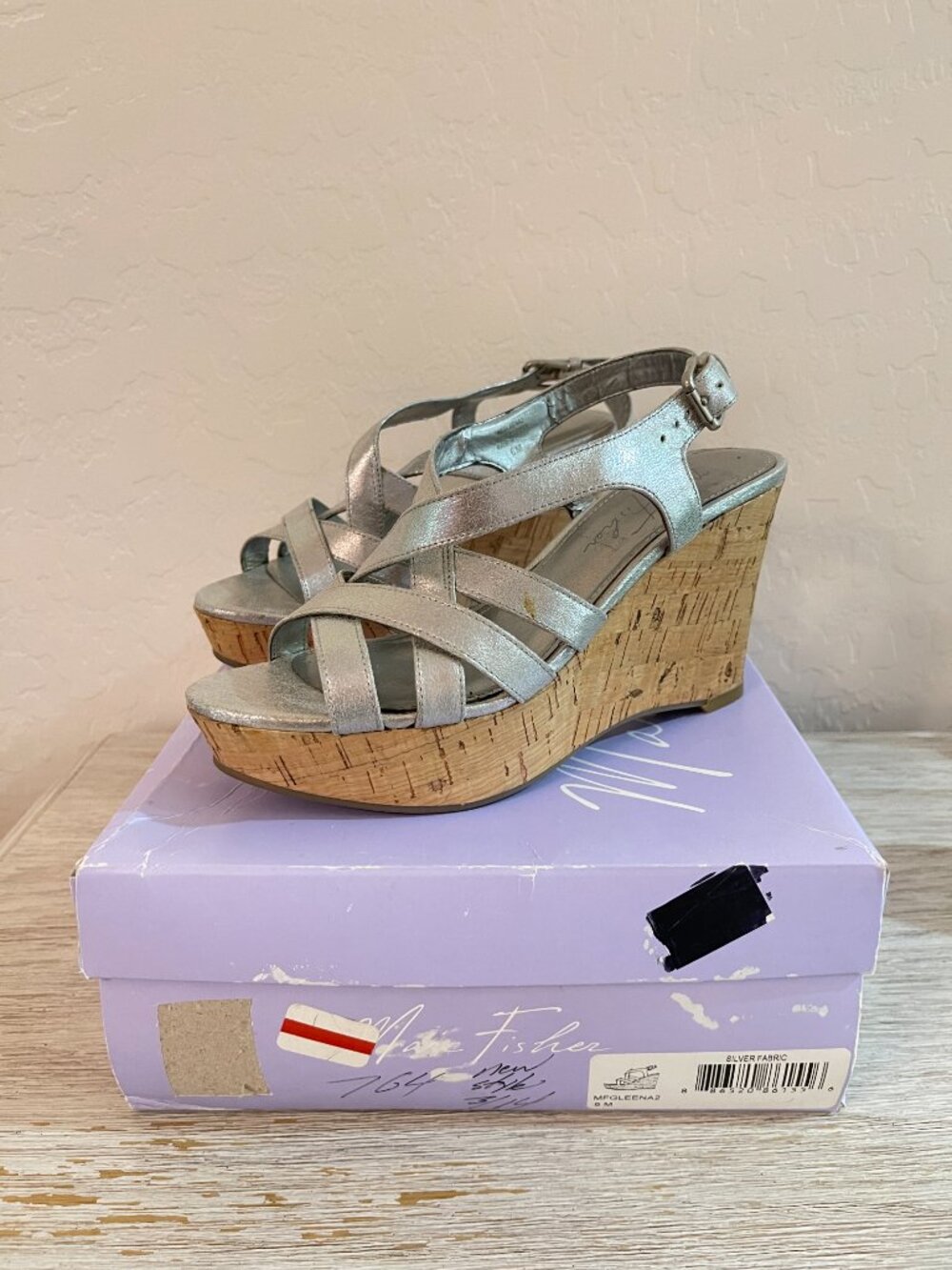 Marc Fisher Platform Wedge Sandals Heels Cork Strappy Silver 6